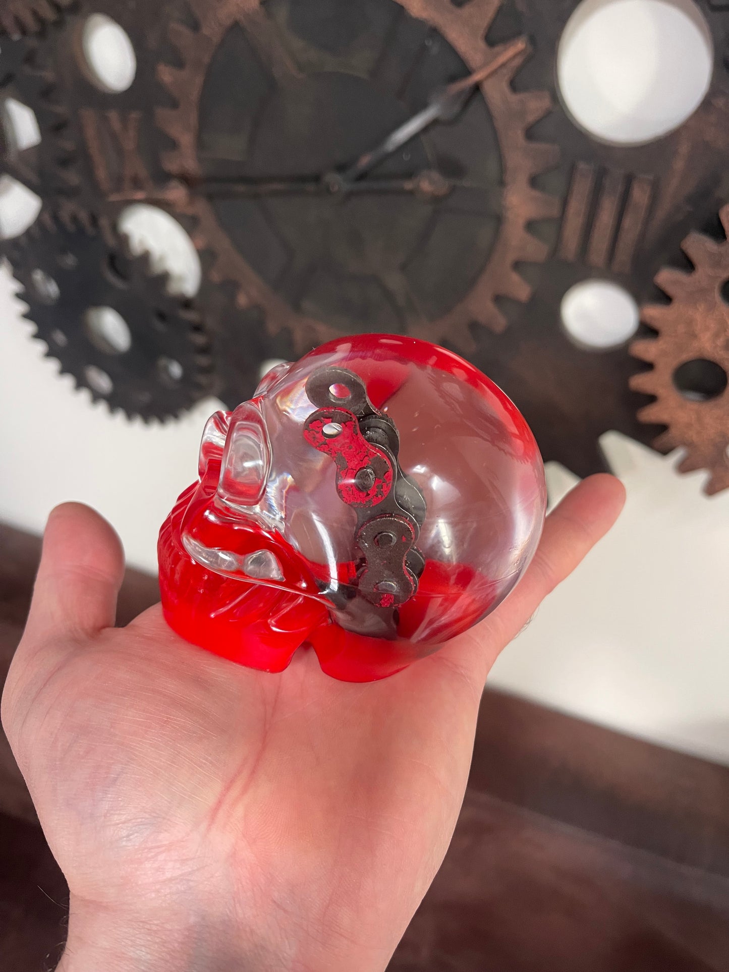 Large resin skull with motorcycle chain and resin
